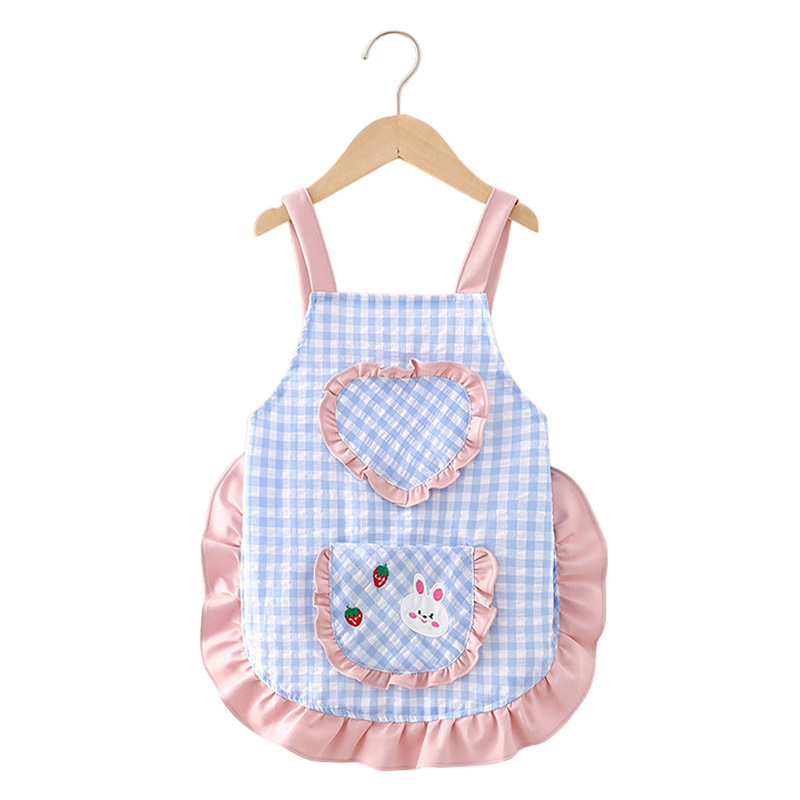 Personalized Embroidered Name Plaid Heart Bunny Apron - Cute Lace Trim Ruffle Bib for Toddlers & Kids