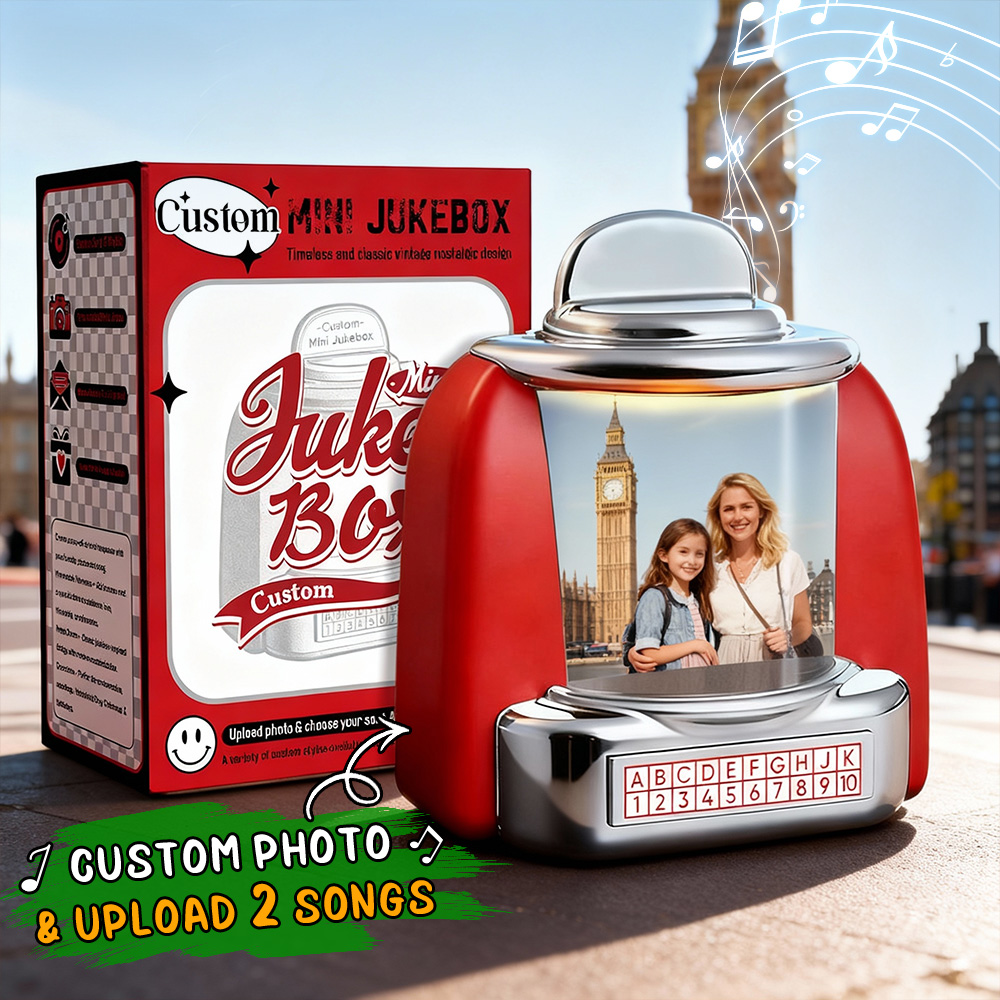 Custom Mini Jukebox Retro Speaker Travel Memories Gifts Personalized Photo,Names & Date Music Mini Player with Radio | Vintage Tabletop Home Decor Nostalgic