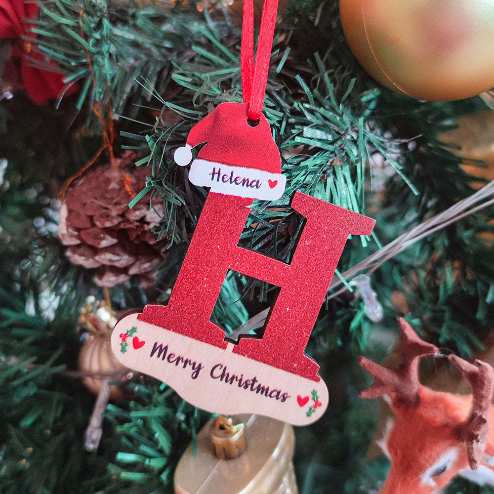 Personalized Christmas Letter Ornament with Red Hat Custom Name Christmas Tree Decoration - Bestchristmasgifts