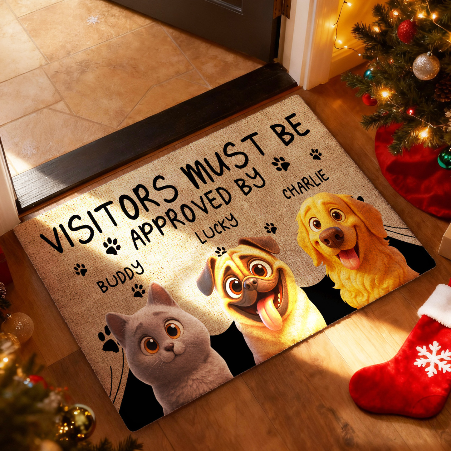 Custom Cartoon Pet Doormat "VISITORS MUST BE APPROVED BY" Pet Doormat Personalized Cartoon Pet Doormat Decoration For Pet Lovers