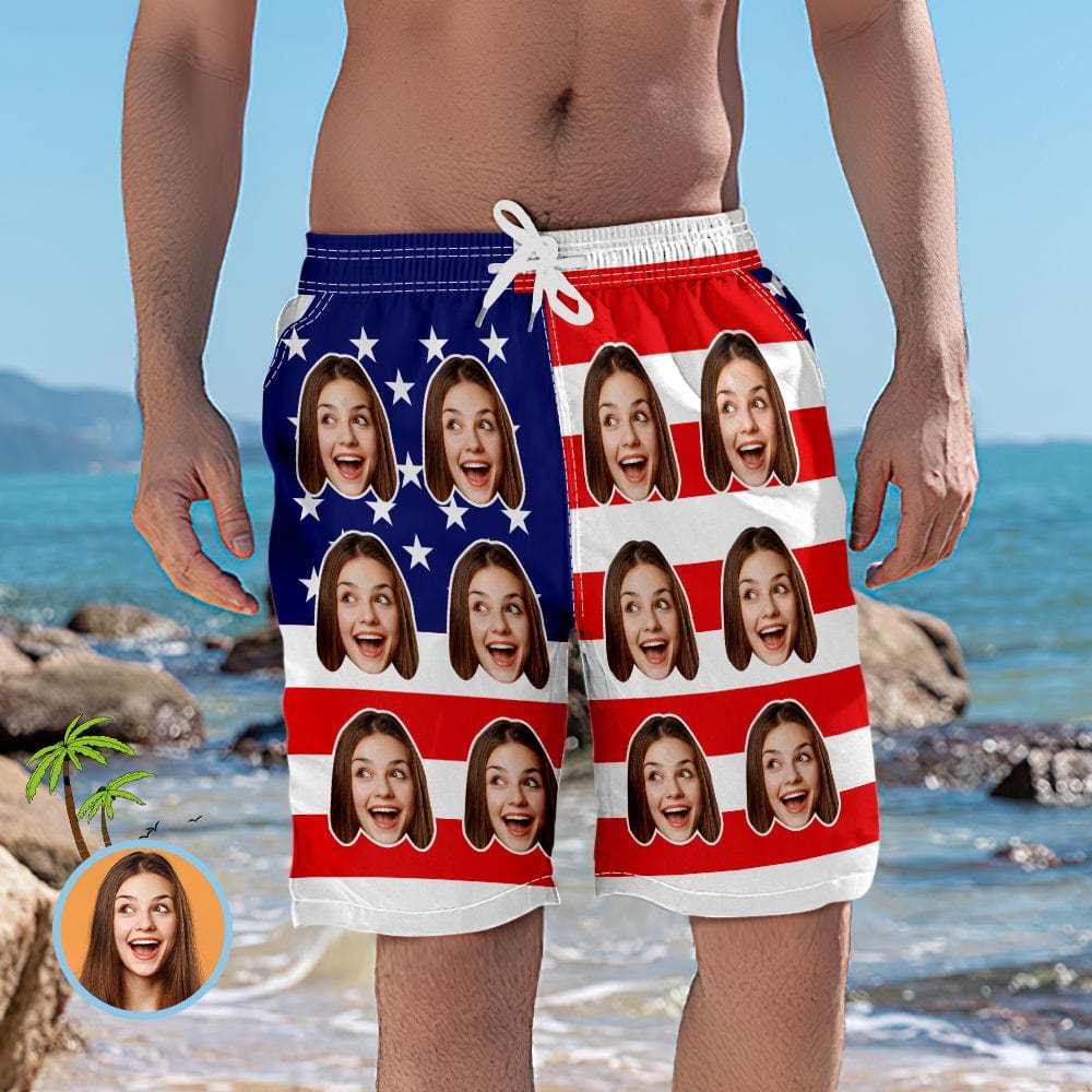 Custom Face Swim Trunks Men's American Flag Swim Trunks - Giftlab