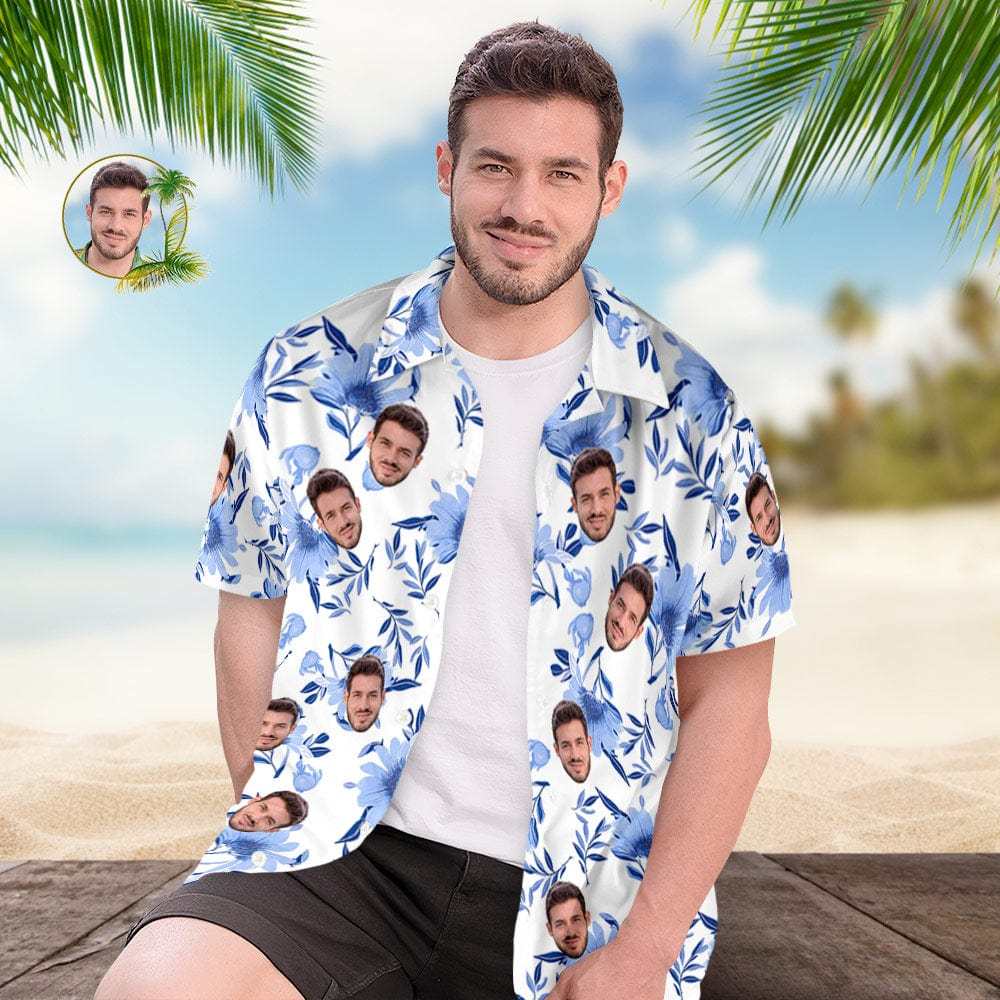 Custom Face All Over Print Men's Hawaiian Shirt Blue Leaves Gift for Him - Giftlab