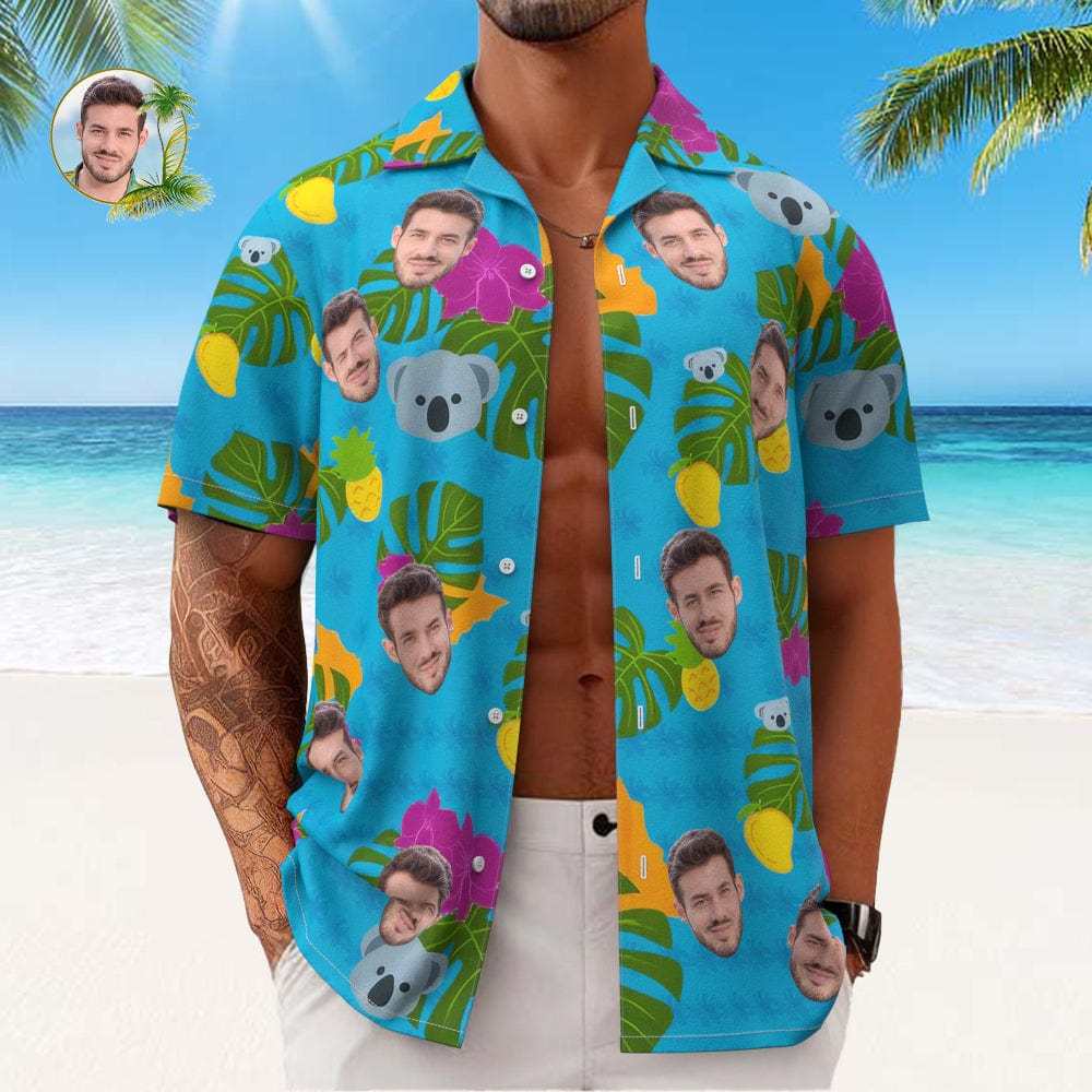Custom Face All Over Print Men's Hawaiian Shirt Cute Koala and Leaves Gift for Him - Giftlab