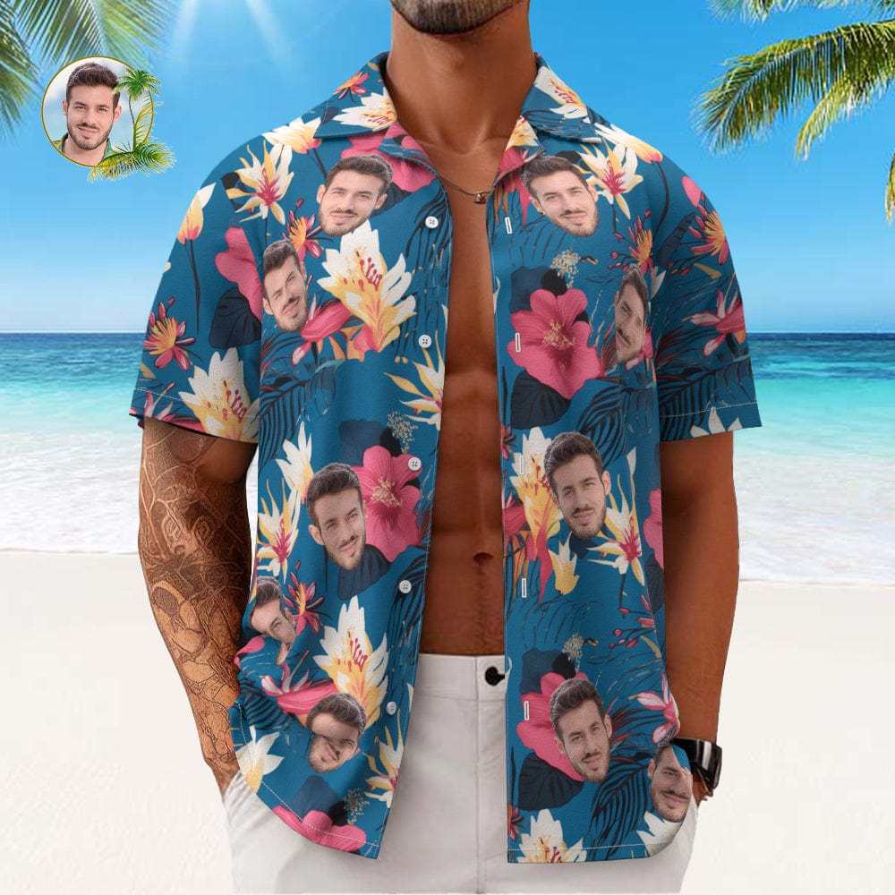 Custom Face All Over Print Men's Hawaiian Shirt Pink Flowers and Monstera Deliciosa - Giftlab