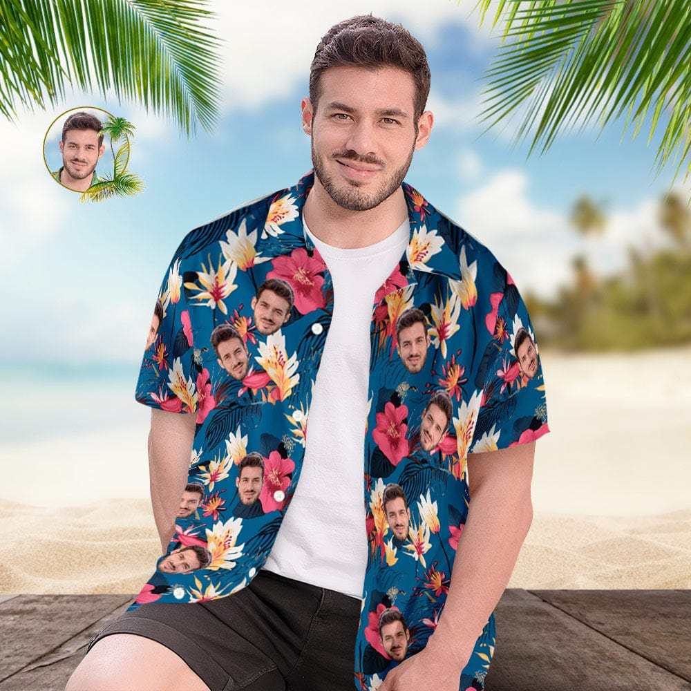 Custom Face All Over Print Men's Hawaiian Shirt Pink Flowers and Monstera Deliciosa - Giftlab