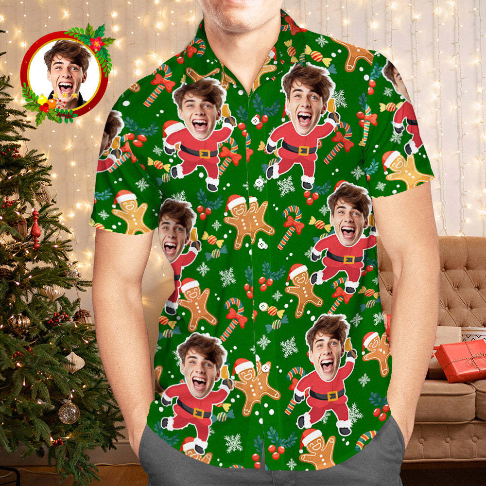 Custom Face Hawaiian Shirt Santa Gingerbread Man Men's Christmas Shirts - Bestchristmasgifts