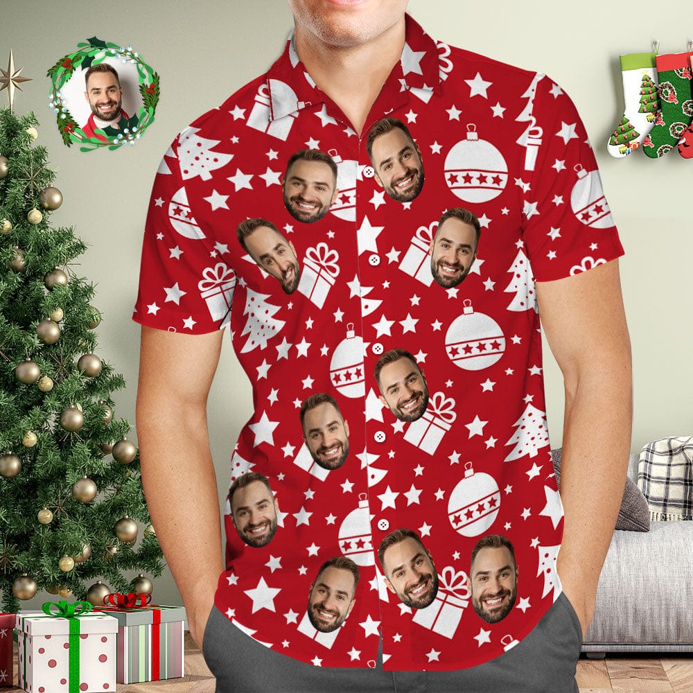 Custom Face Men's Hawaiian Shirt Personalized Photo Red Hawaiian Shirts Merry Christmas - Giftlab