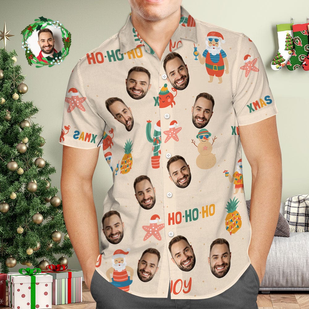 Custom Face Hawaiian Shirt Personalized Photo Hawaiian Shirts Xmas HOHOHO Merry Christmas - Giftlab