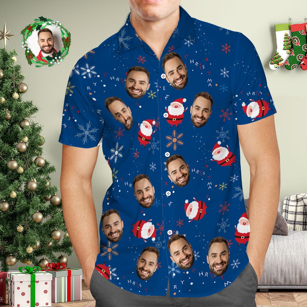 Custom Face Hawaiian Shirt Personalized Photo Blue Hawaiian Shirts Cute Santa Claus Merry Christmas - Giftlab