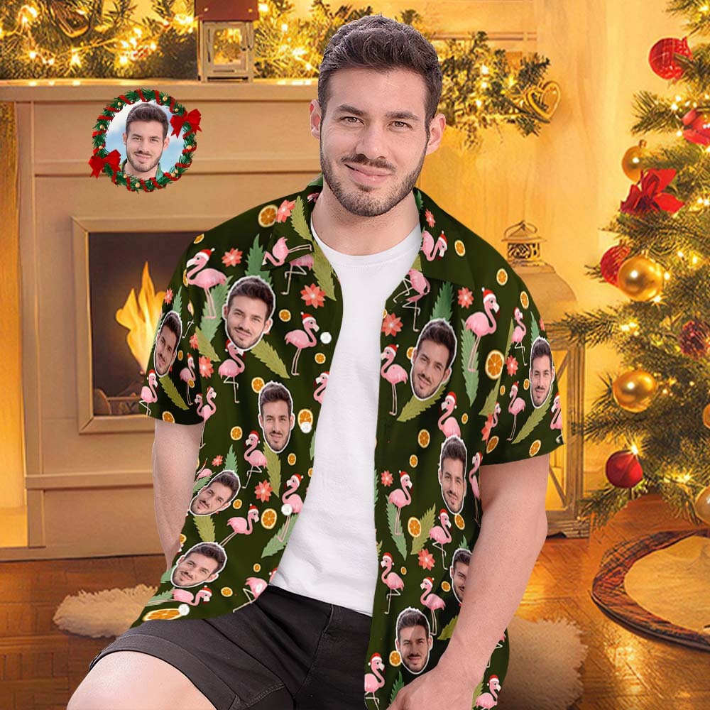 Custom Face All Over Print Men's Hawaiian Shirt Pink Flamingo Happy Christmas Hawaiian Shirt - Bestchristmasgifts