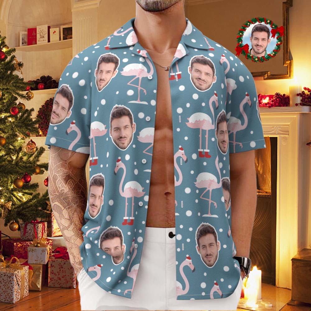 Custom Face All Over Print Men's Hawaiian Shirt Flamingo In Santa Hat Christmas Shirt - Bestchristmasgifts