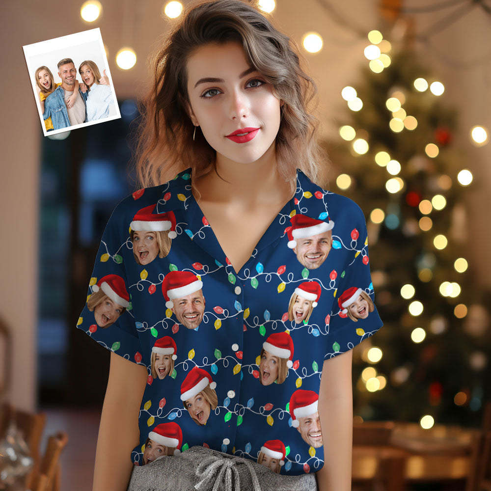 Custom Face Women's Hawaiian Shirts Personalized Photo Christmas Family Xmas Leds Aloha Shirts - Bestchristmasgifts