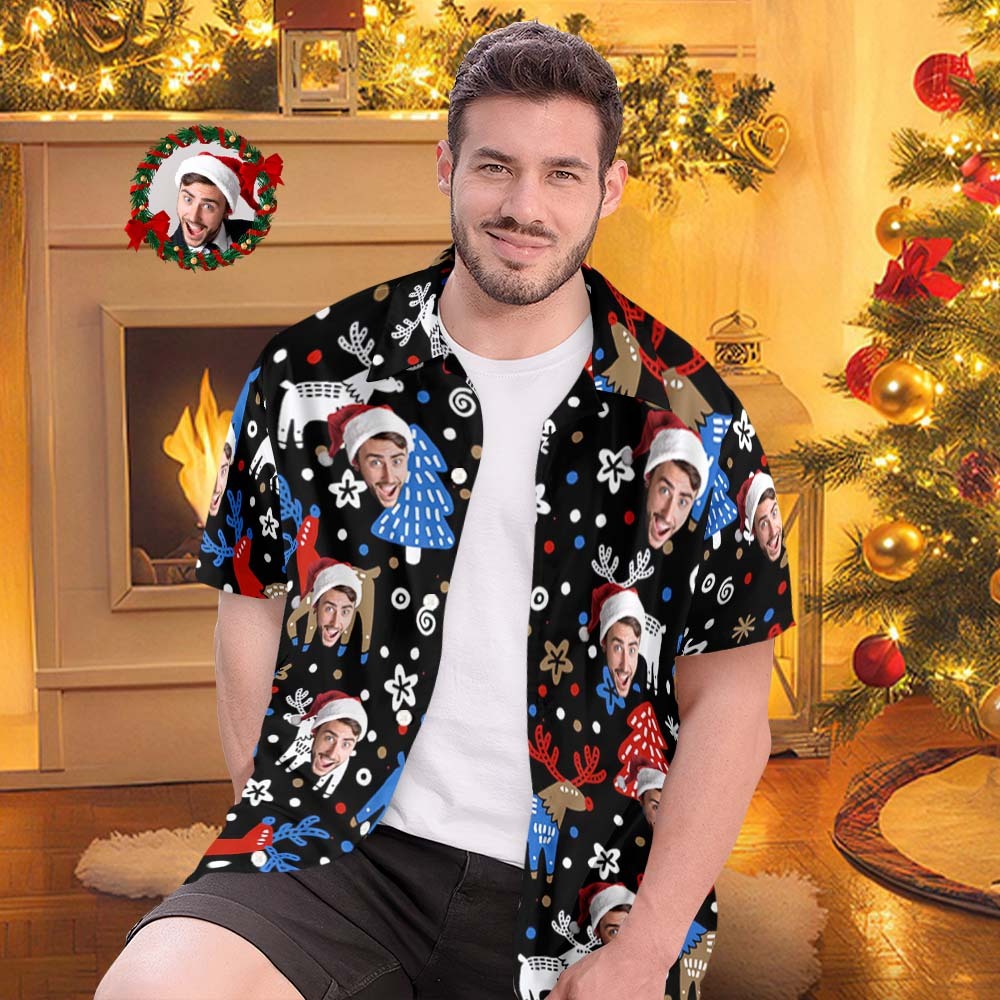 Custom Face Hawaiian Shirts Personalized Photo Gift Men's Christmas Shirts Christmas Reindeer - Bestchristmasgifts