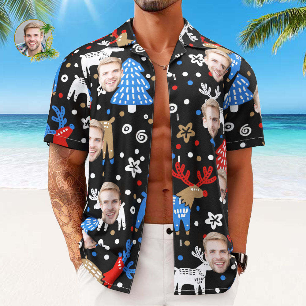 Custom Face Hawaiian Shirts Personalized Photo Gift Men's Christmas Shirts Christmas Reindeer - Bestchristmasgifts