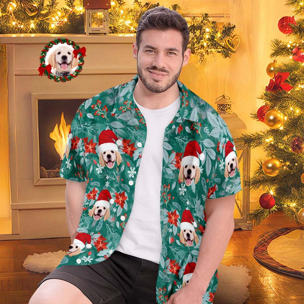Custom Face Hawaiian Shirts Personalized Photo Gift Men's Christmas Shirts Hawaiian Leaves Green - Bestchristmasgifts