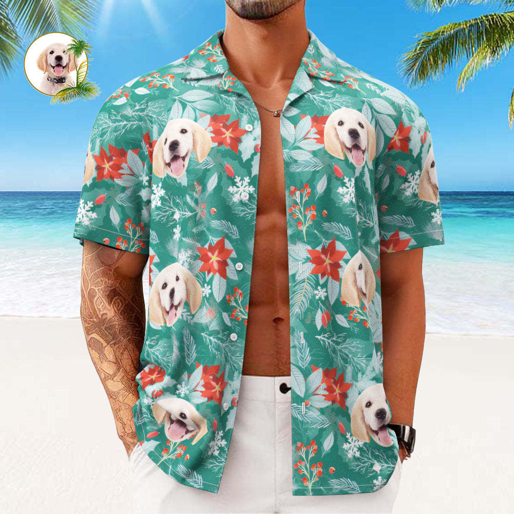 Custom Face Hawaiian Shirts Personalized Photo Gift Men's Christmas Shirts Hawaiian Leaves Green - Bestchristmasgifts