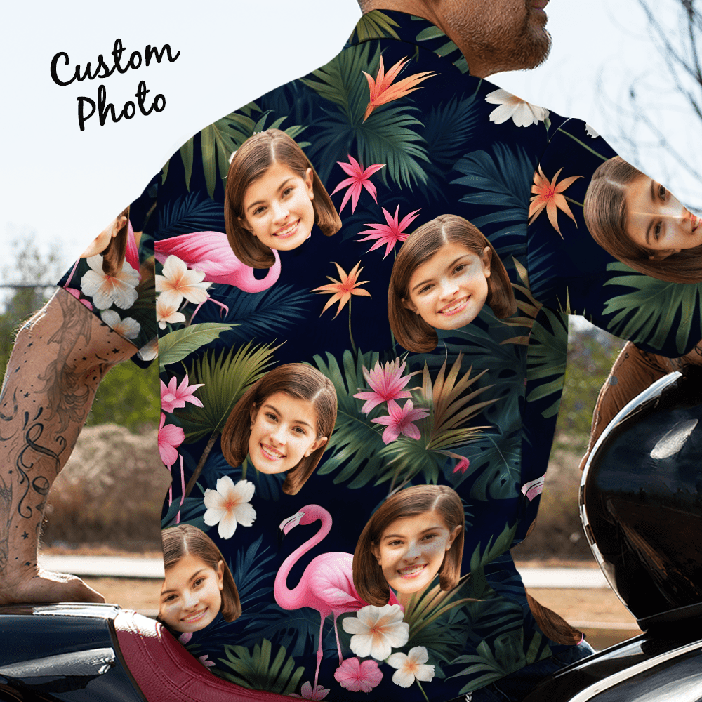 Custom Face All Over Print Men's Hawaiian Shirt Flamingo Flower and Leaves Gift for Him - Giftlab