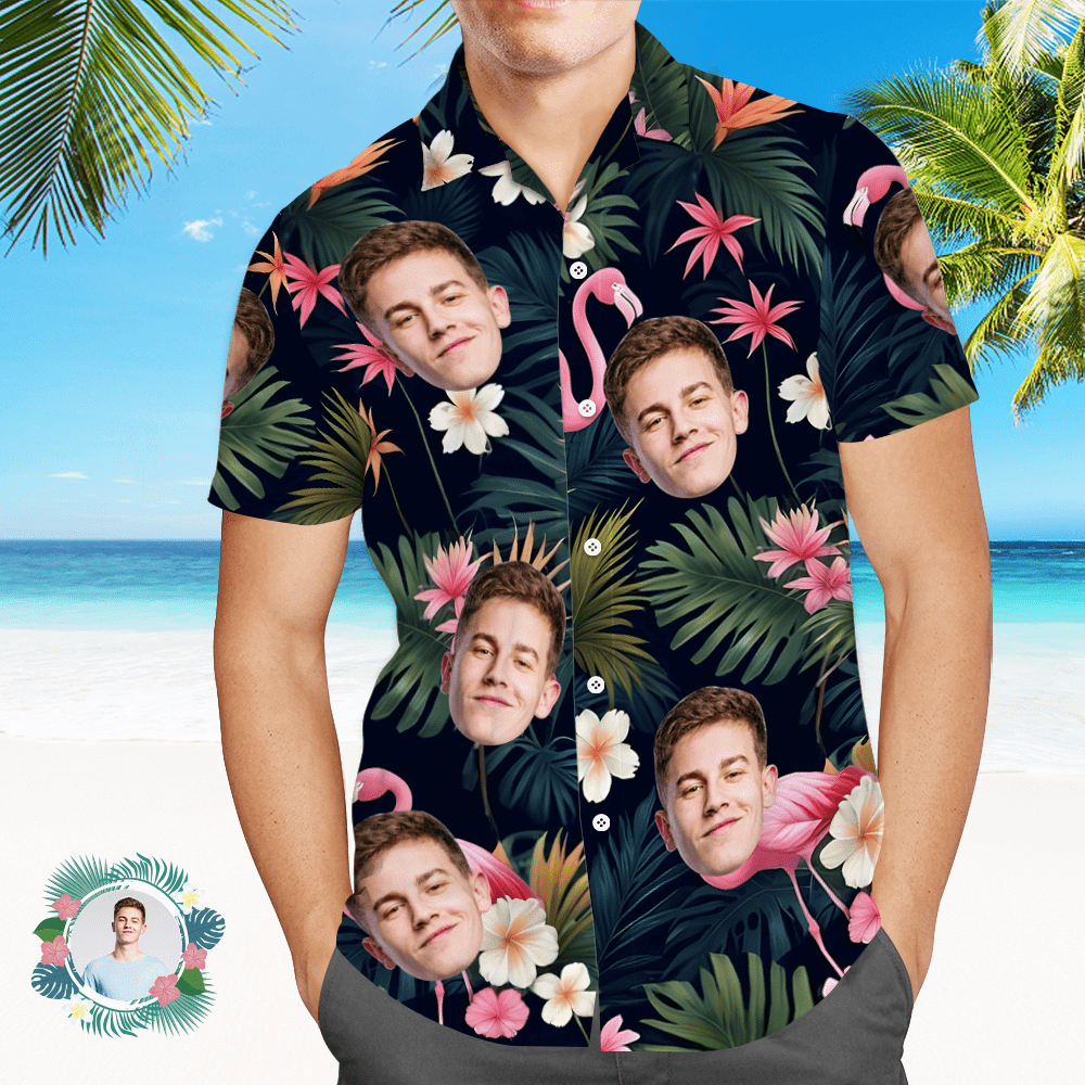 Custom Face All Over Print Men's Hawaiian Shirt Flamingo Flower and Leaves Gift for Him - Giftlab