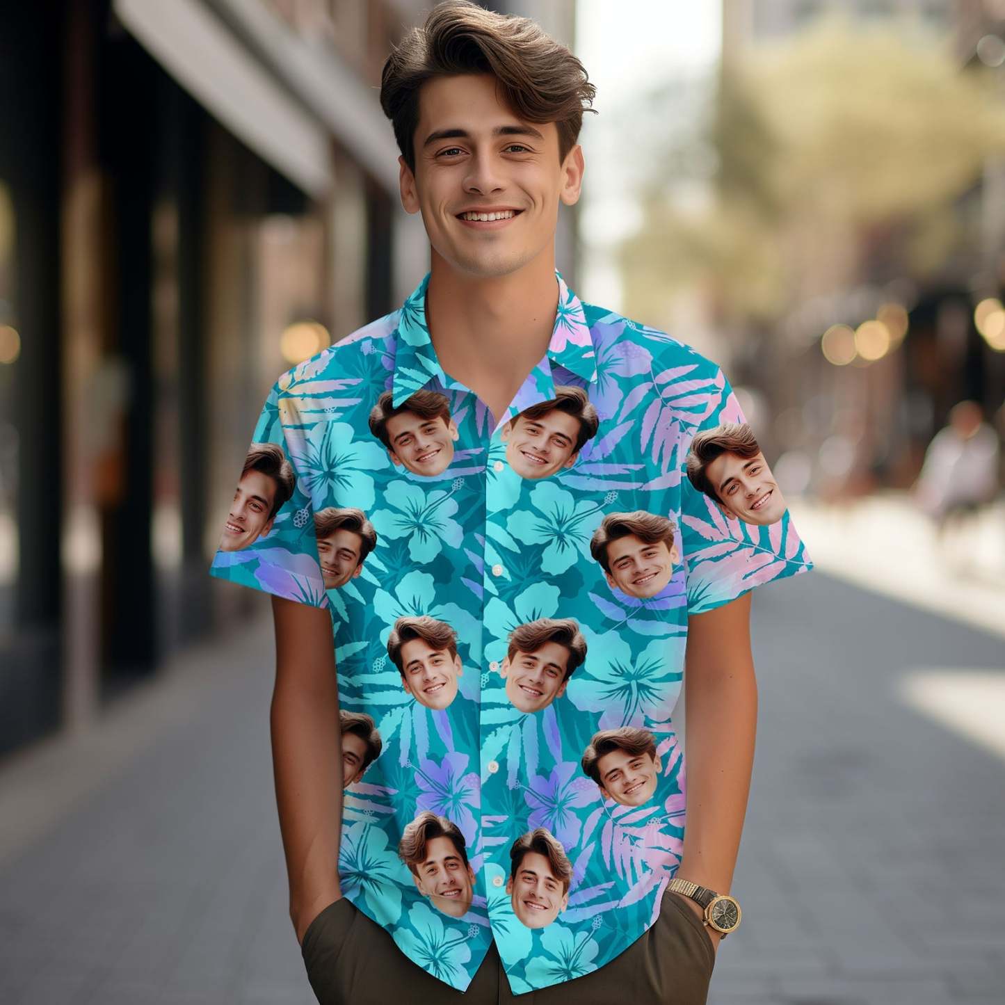Custom Face Hawaiian Shirt Art Hawaiian Blue Leaves Hawaiian Shirt - Bestchristmasgifts
