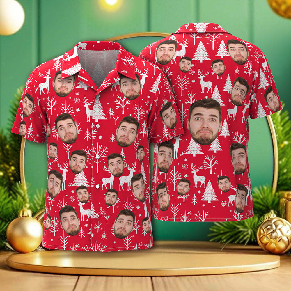 Chrismas Party Shirts Custom Face Men's Hawaiian Shirt Personalized Photo Christmas Family Xmas Aloha Shirts Blue - Bestchristmasgifts