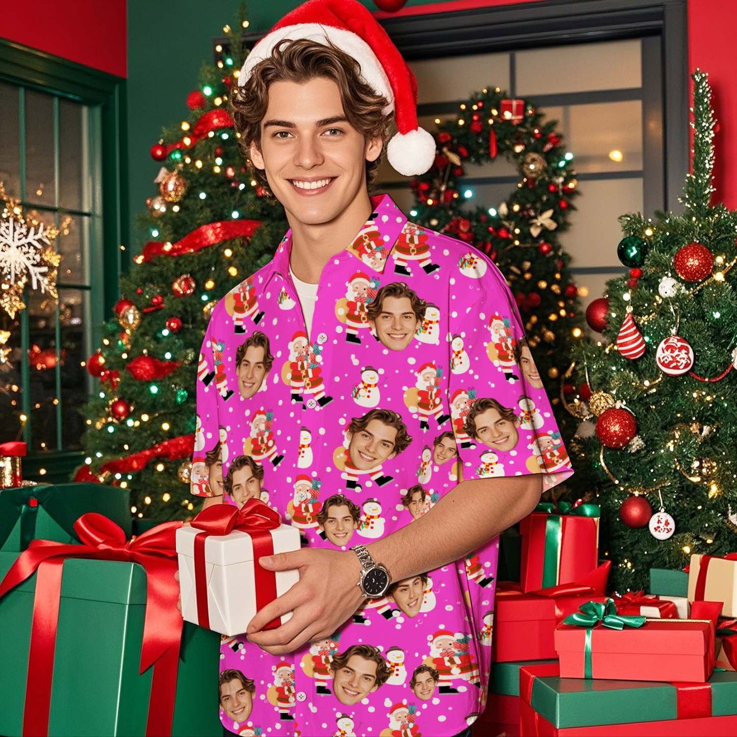 Chrismas Party Shirts Custom Face Men's Hawaiian Shirt Personalized Photo Christmas Family Xmas Aloha Shirts Blue - Bestchristmasgifts