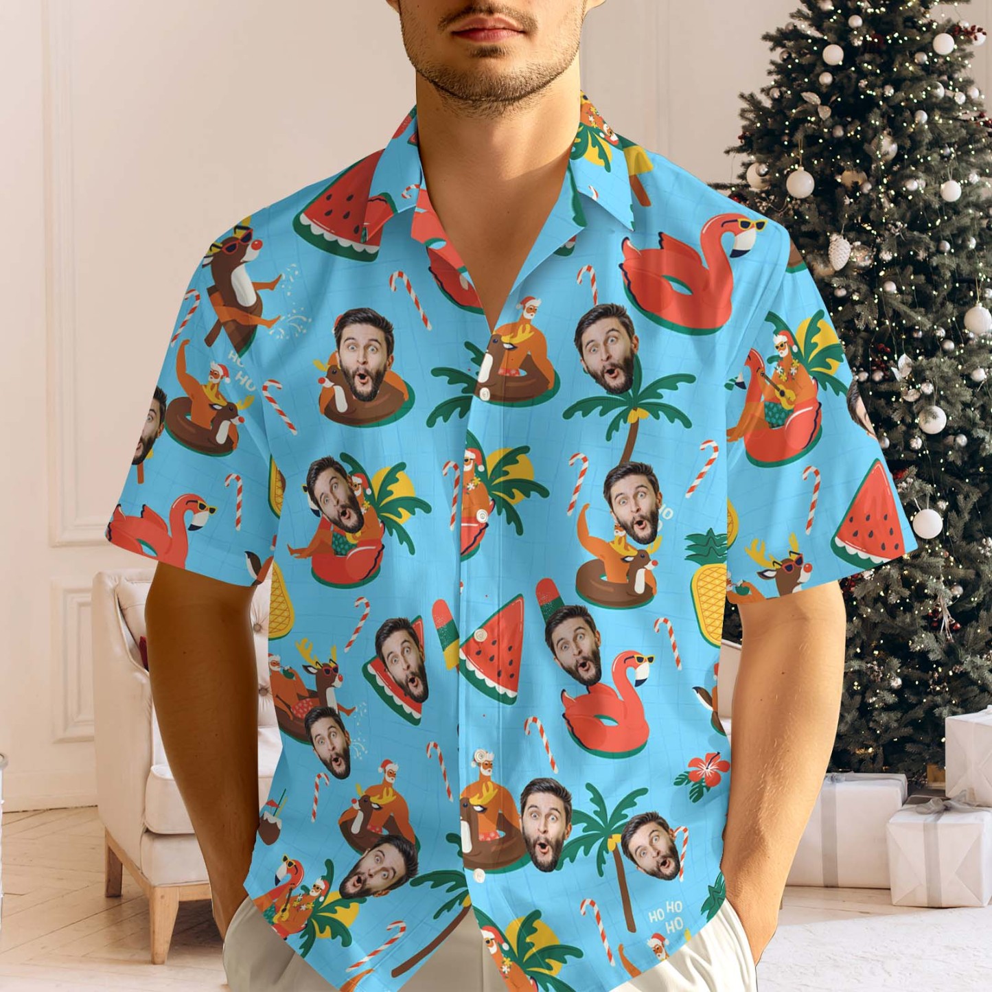Custom Face Men's Hawaiian Shirt Personalized Santa Beach Holiday Christmas Hawaiian Shirt - Bestchristmasgifts