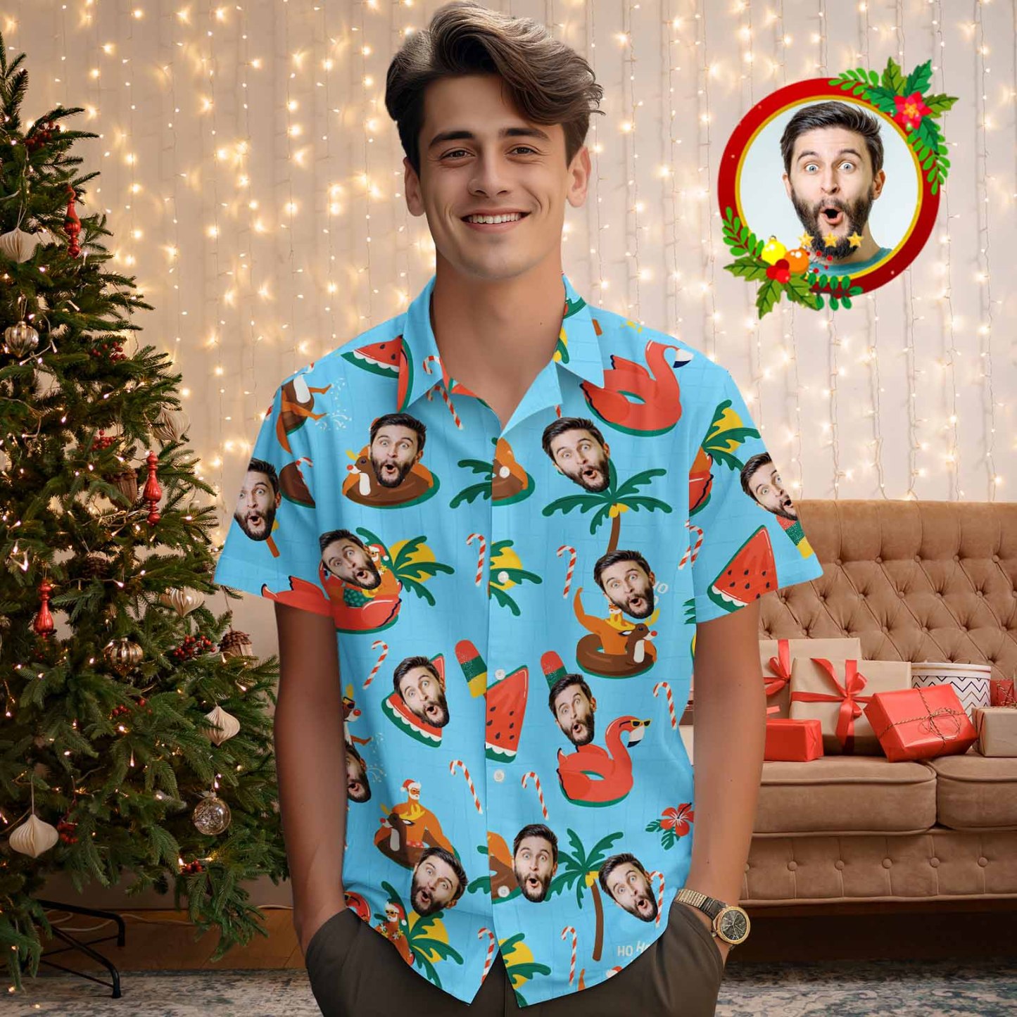 Custom Face Men's Hawaiian Shirt Personalized Santa Beach Holiday Christmas Hawaiian Shirt - Bestchristmasgifts
