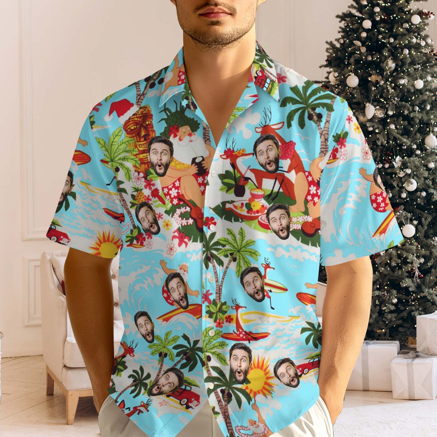 Custom Face Men's Hawaiian Shirt Personalized Santa Beach Holiday Christmas Hawaiian Shirt - Bestchristmasgifts