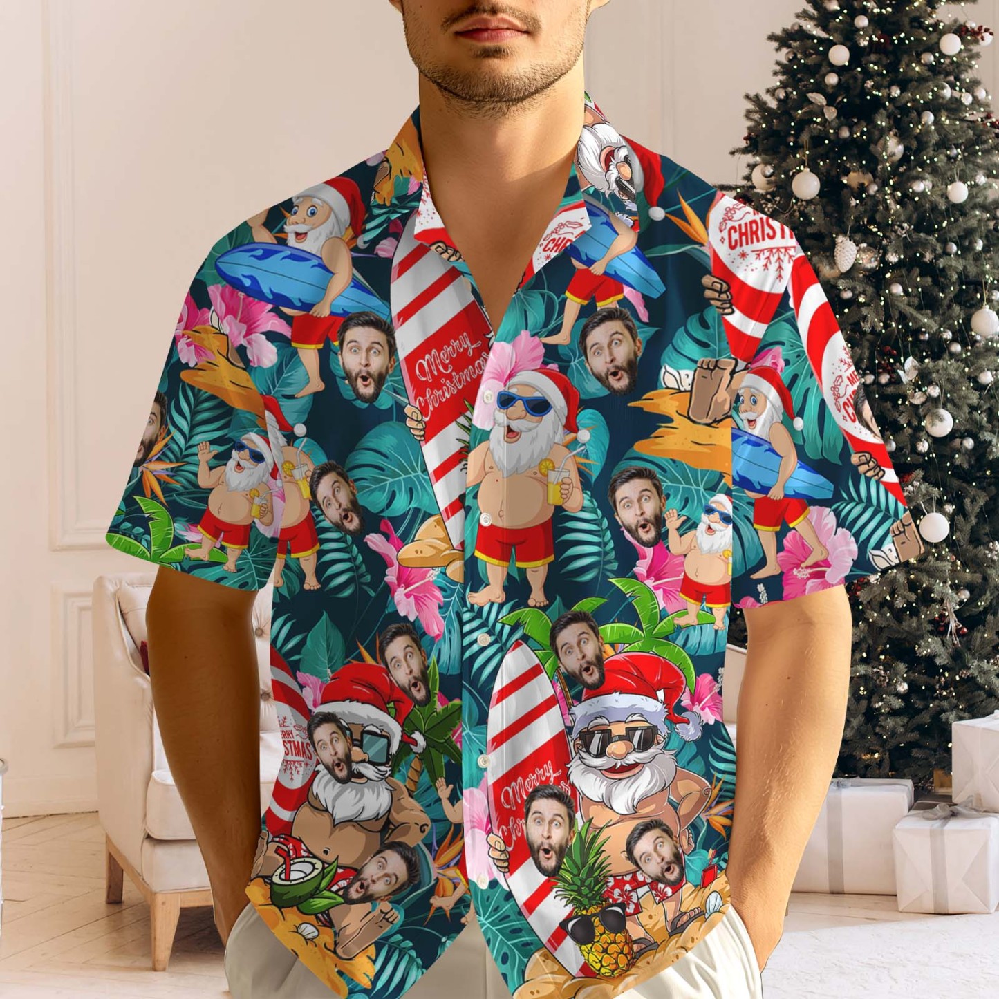 Custom Face Men's Hawaiian Shirt Personalized Santa Beach Holiday Christmas Hawaiian Shirt - Bestchristmasgifts