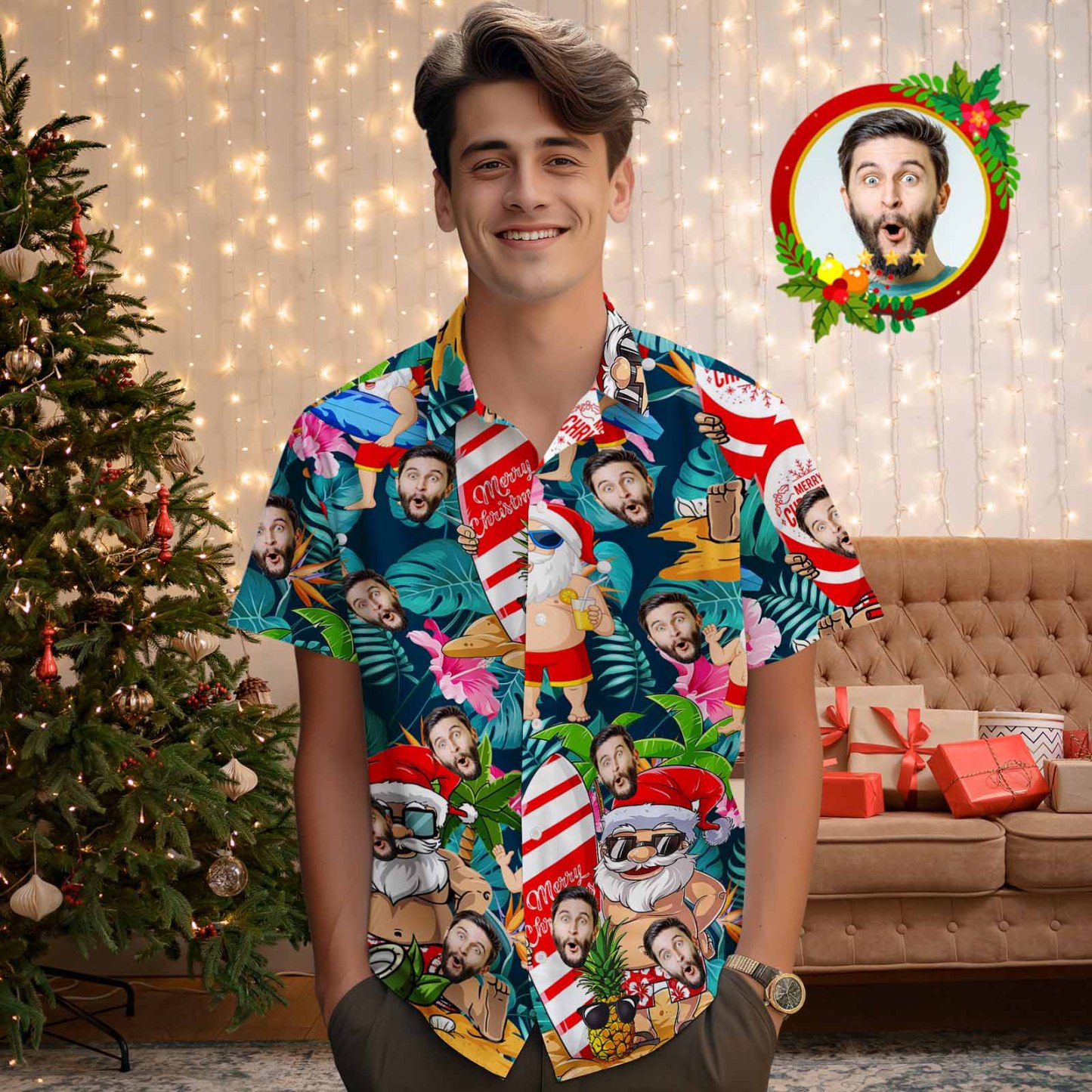 Custom Face Men's Hawaiian Shirt Personalized Santa Beach Holiday Christmas Hawaiian Shirt - Bestchristmasgifts