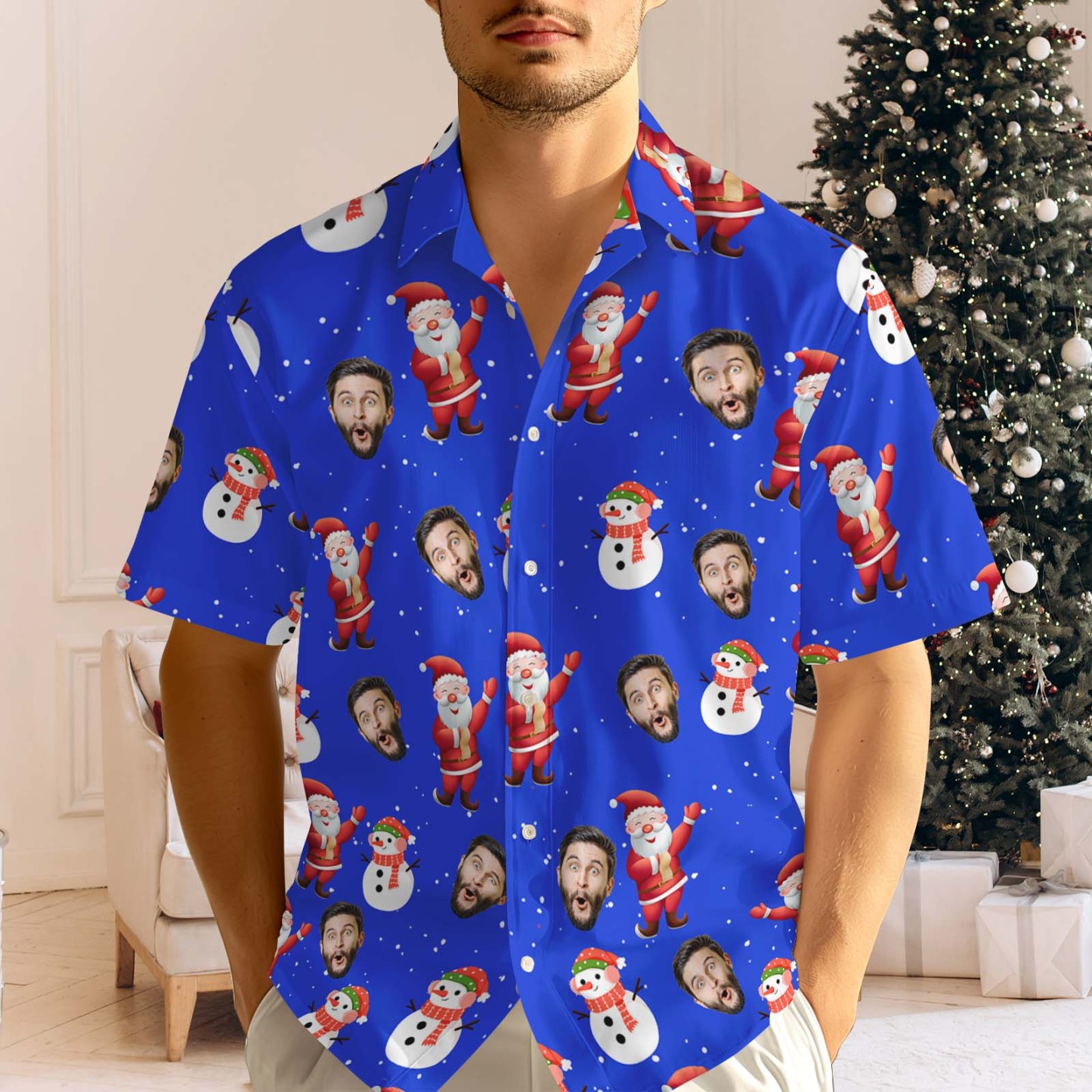 Custom Face Men's Hawaiian Shirt Personalized Santa Beach Holiday Christmas Hawaiian Shirt - Bestchristmasgifts