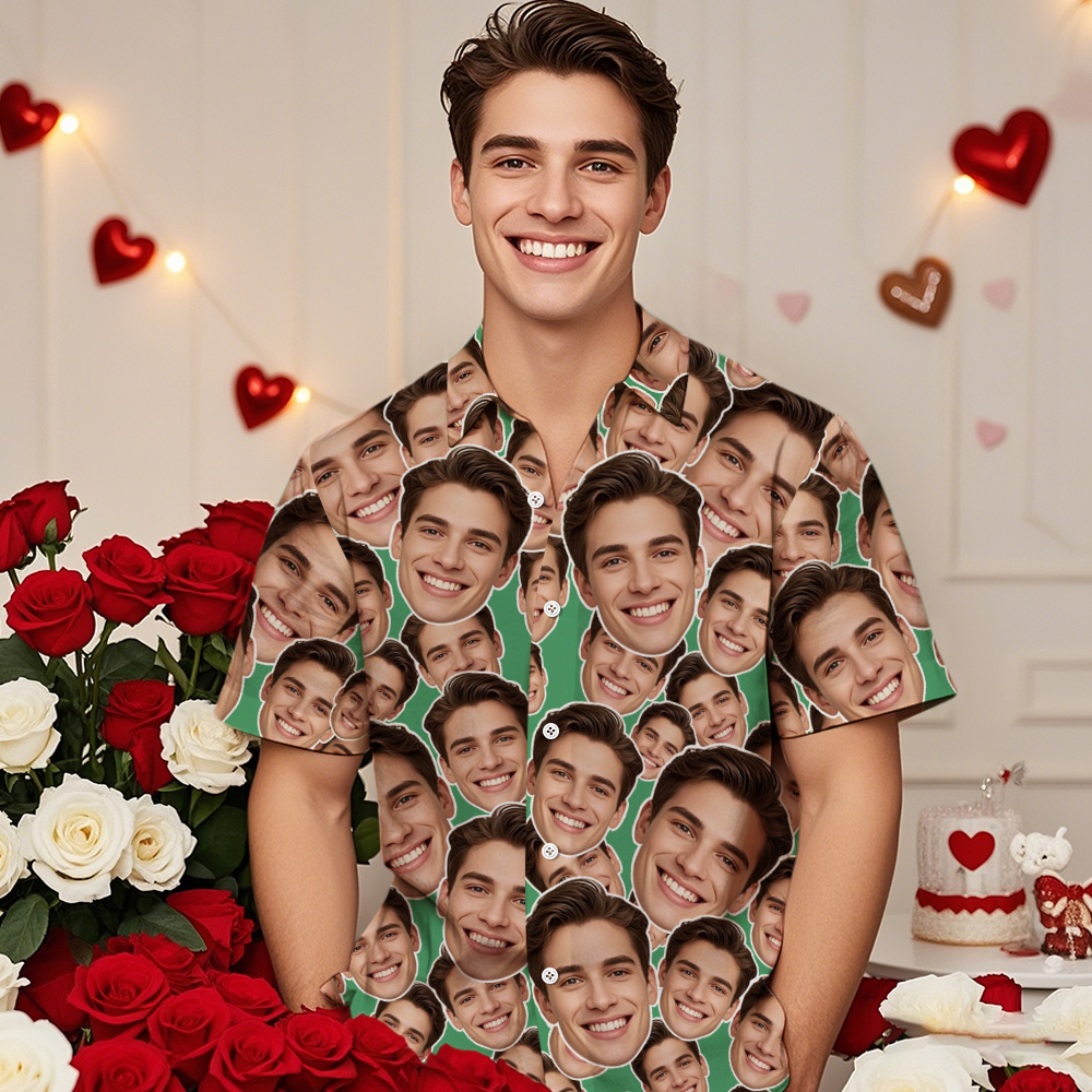 Personalized Mash Face Hawaiian Shirt Valentine Hawaiian Shirt Face Green Hawaiian Shirt for Couple - Bestchristmasgifts