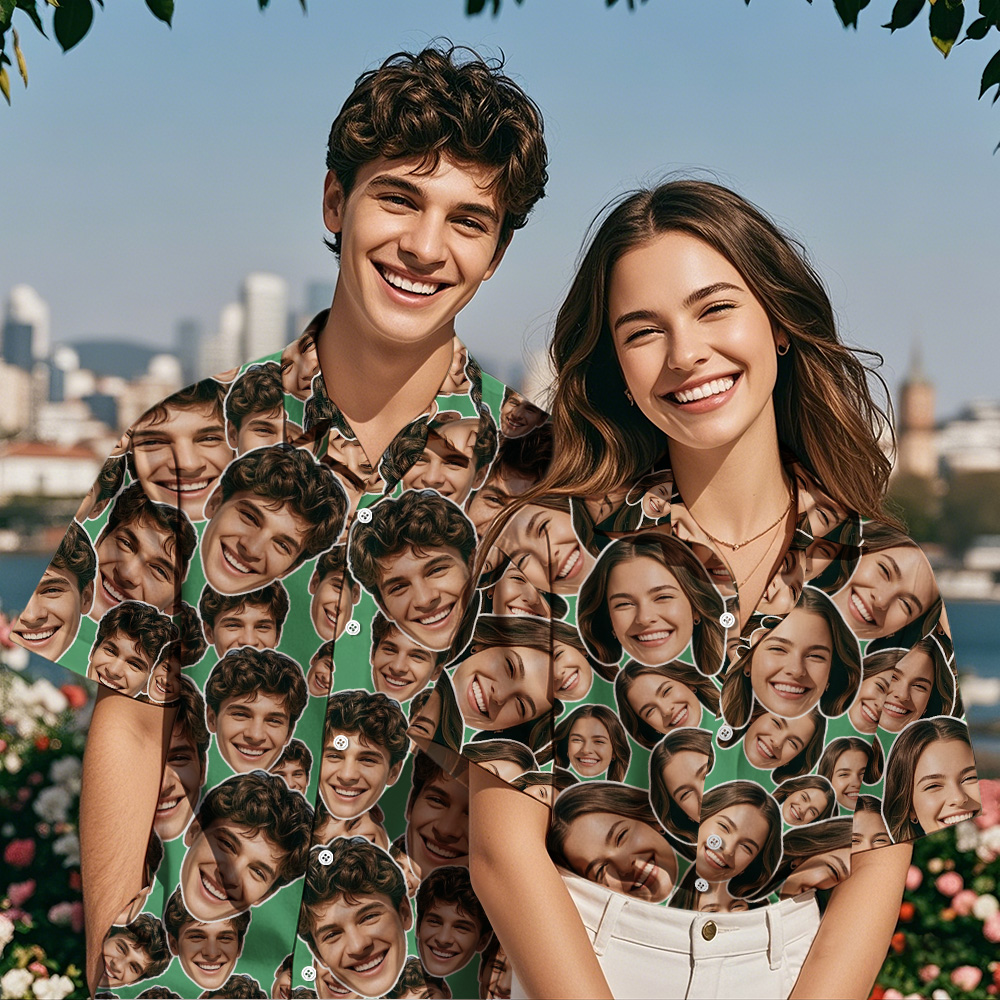 Personalized Mash Face Hawaiian Shirt Valentine Hawaiian Shirt Face Green Hawaiian Shirt for Couple - Bestchristmasgifts