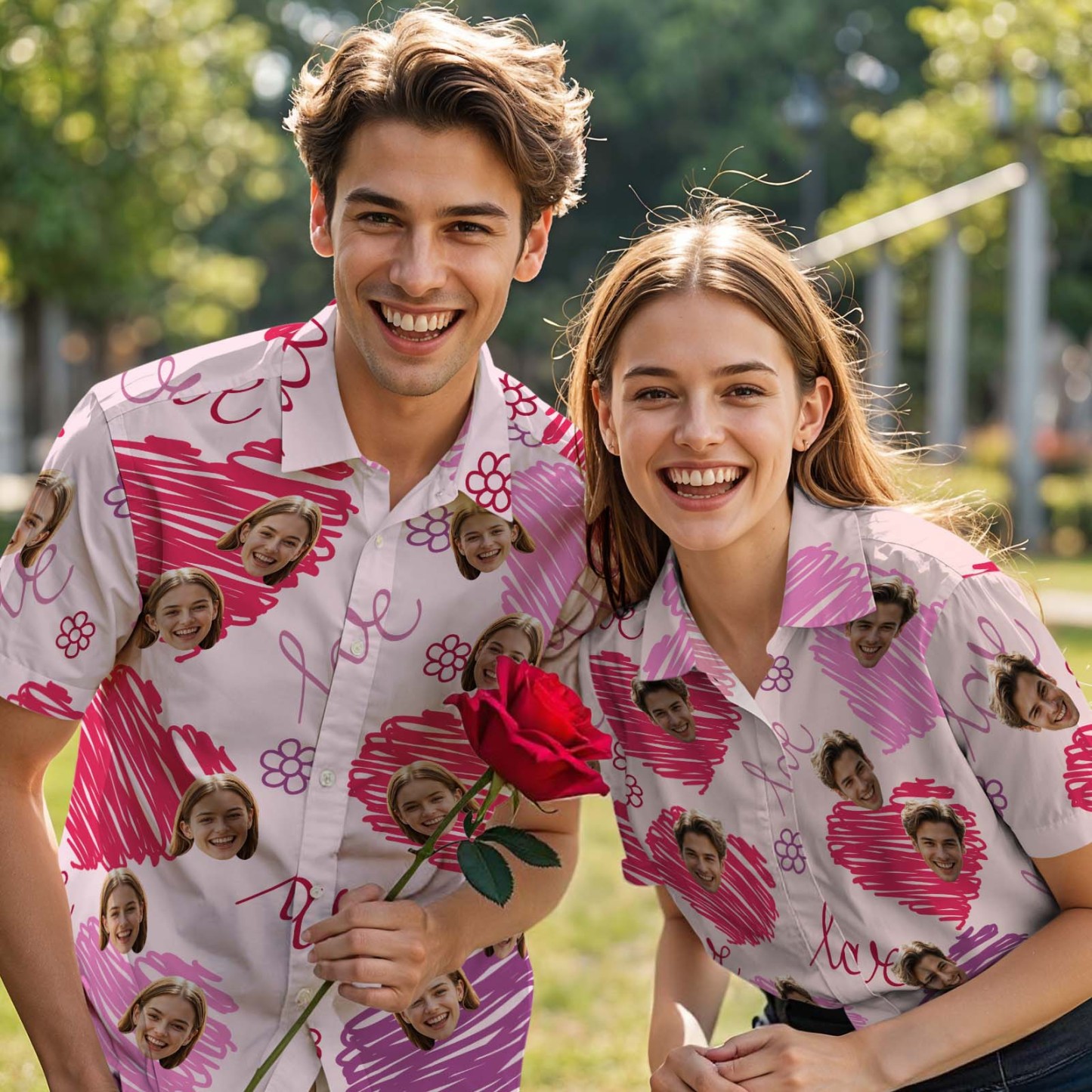 Custom Face Hawaiian Shirt For Couple PinkHeart Button-down Shirt Valentine's Day Gift