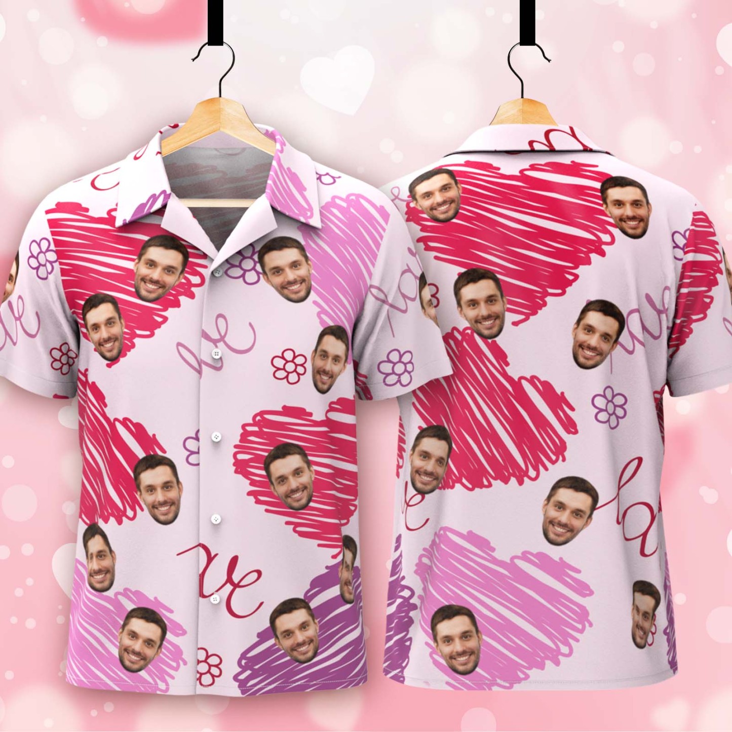 Custom Face Hawaiian Shirt For Couple PinkHeart Button-down Shirt Valentine's Day Gift