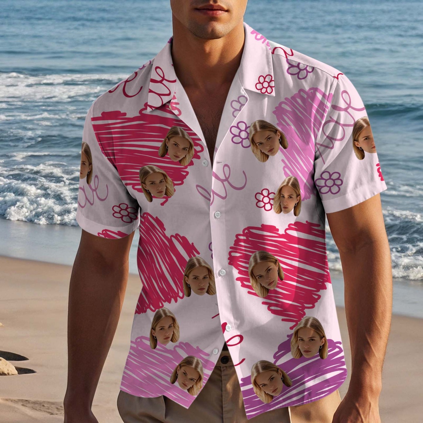 Custom Face Hawaiian Shirt For Couple PinkHeart Button-down Shirt Valentine's Day Gift