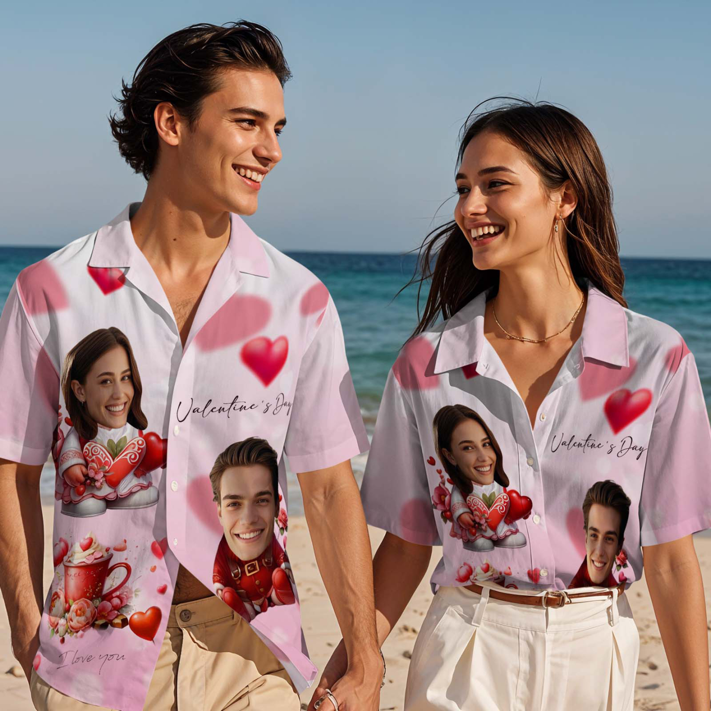 Custom Face Hawaiian Shirt Pink Valentine Button-down Shirt Gift For Couple