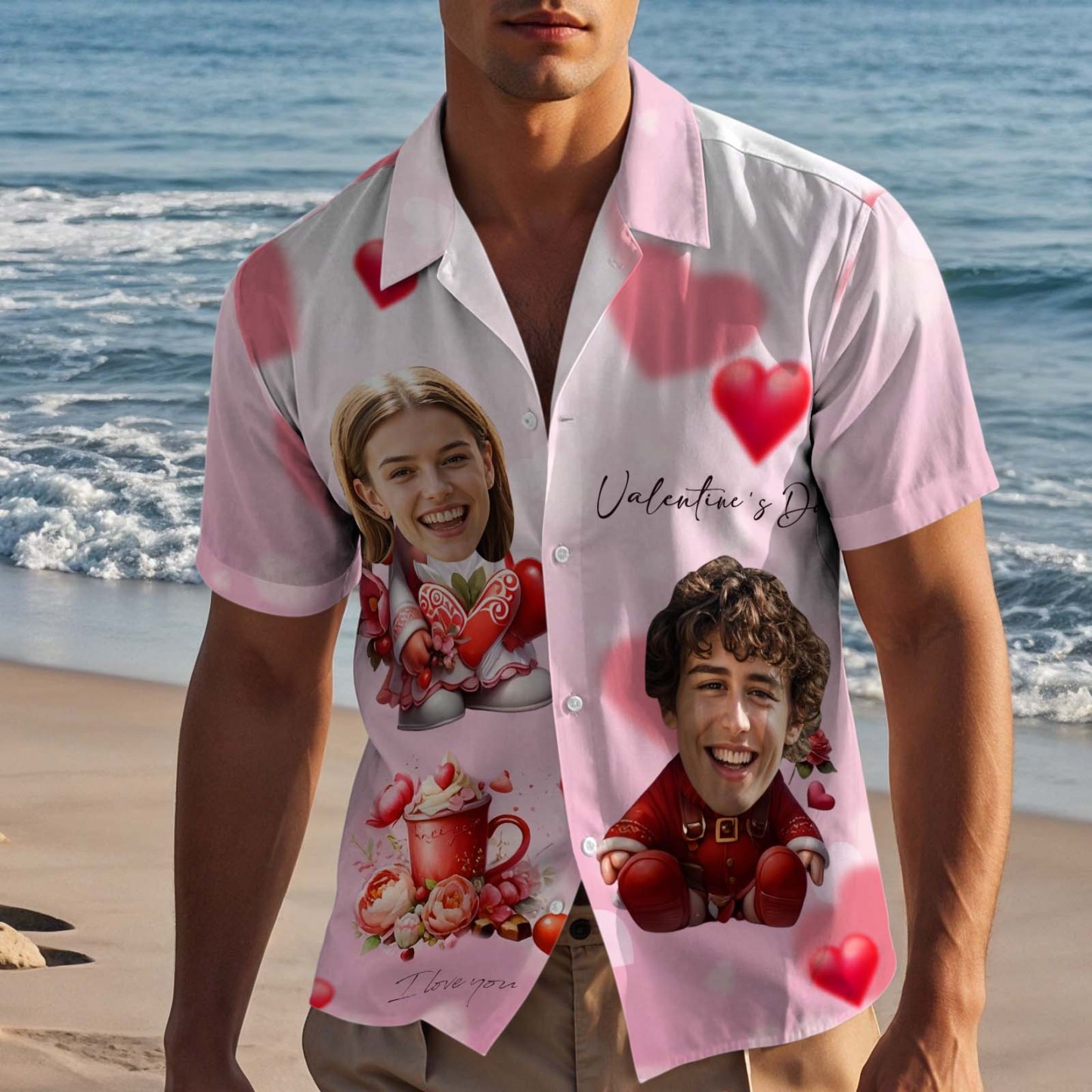 Custom Face Hawaiian Shirt Pink Valentine Button-down Shirt Gift For Couple