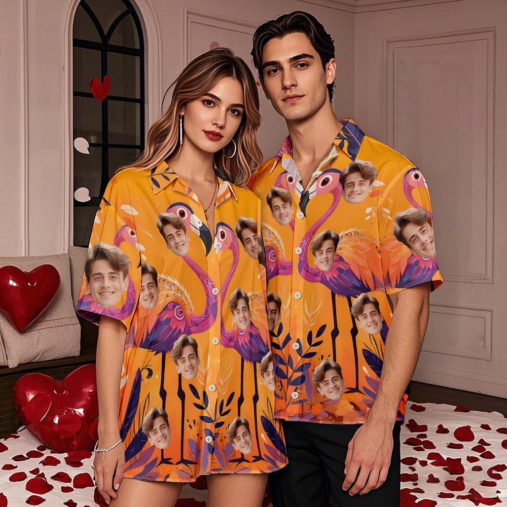 Custom Couple Hawaiian Flamingo Tropical Style Shirt Passionate Orange Button-down Shirt Gifts For Couple