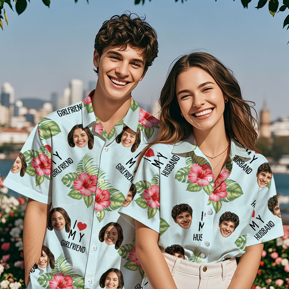 Personalized Face Hawaiian Shirt Summer Vacation Couple Face Hawaiian Shirt I Love My Wife Light Blue Flower Hawaiian Shirt - MyPhotoSocks
