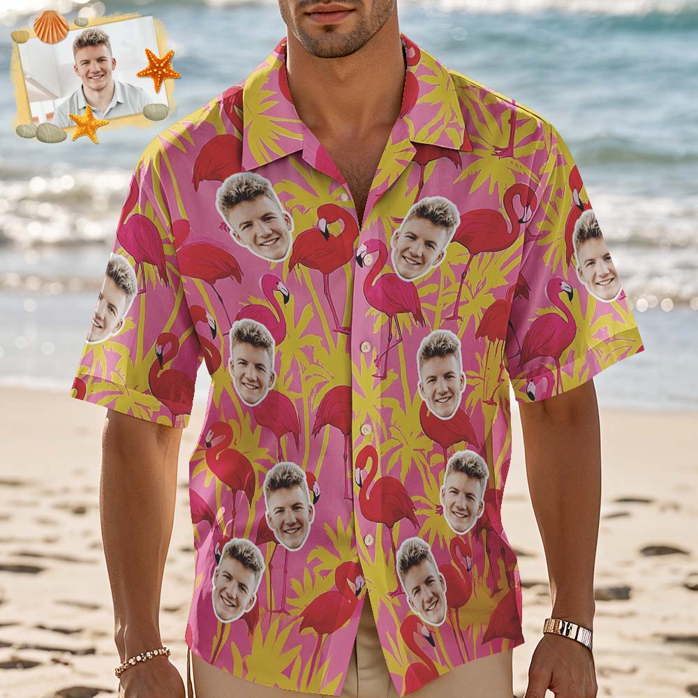 Custom Hawaiian Shirt Pink Flamingo Photo Hawaiian Shirt Funny Vacation Party Shirts