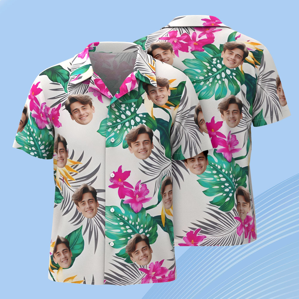 Custom Face Hawaiian Shirt – Tropical Flowers & Palm Leaves Aloha Style