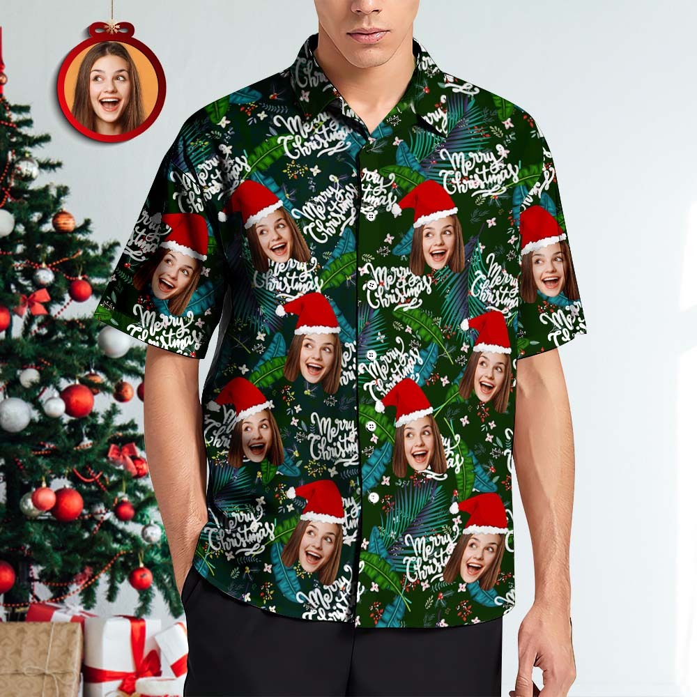 Custom Face Hawaiian Shirts Personalized Photo Gift Men's Christmas Shirts Flower and Leaves - Bestchristmasgifts
