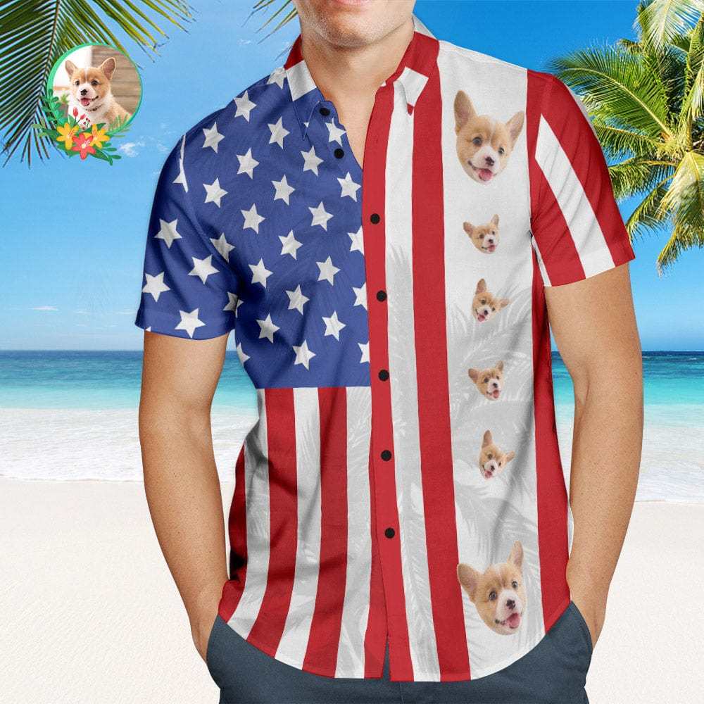 Custom Men's Patriotic Hawaiian Shirt With Pet Face USA Flag Personalized Fashion Hawaiian Shirt - Giftlab
