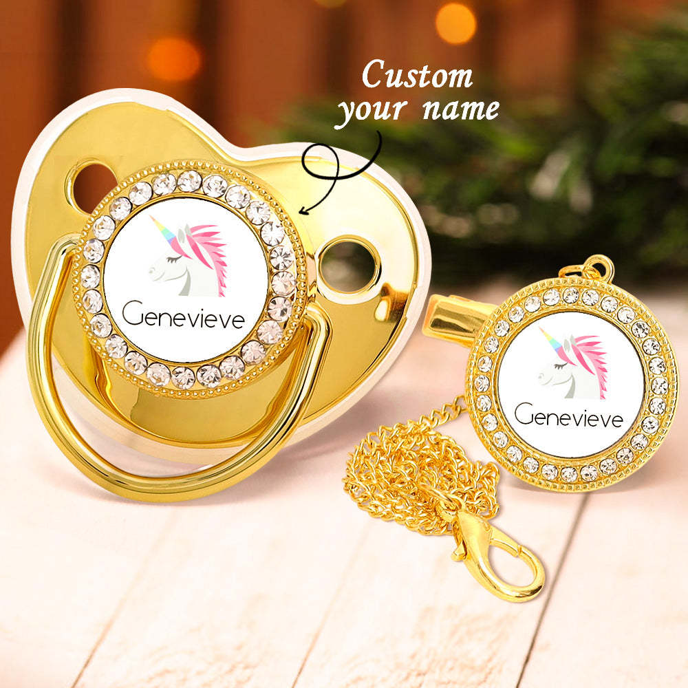 Custom Name Bling Pacifier and Pacifier Clip Set Personalized Unicorn Glitter Crystal Bling Pacifier Gift for Baby - Bestchristmasgifts
