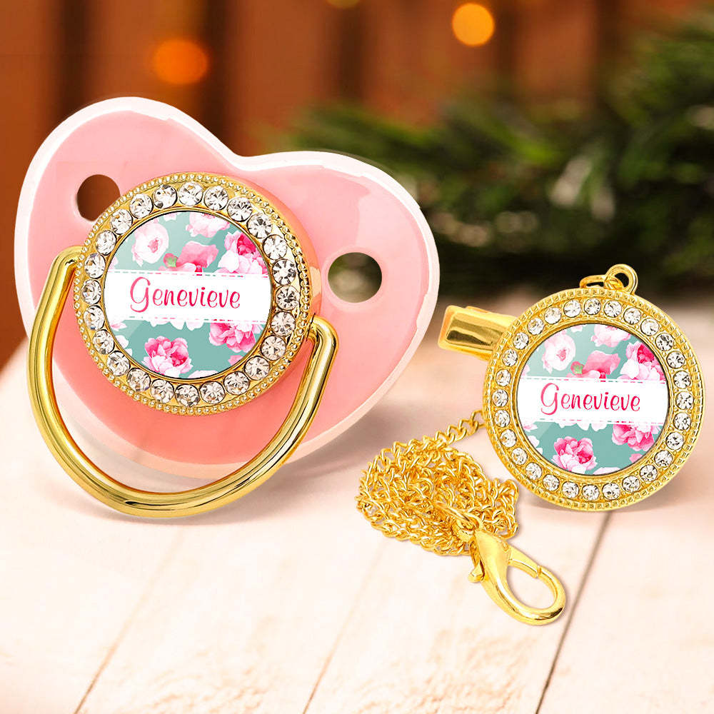 Custom Name Bling Pacifier and Pacifier Clip Set Personalized Flower Glitter Crystal Bling Pacifier Gift for Baby - Bestchristmasgifts