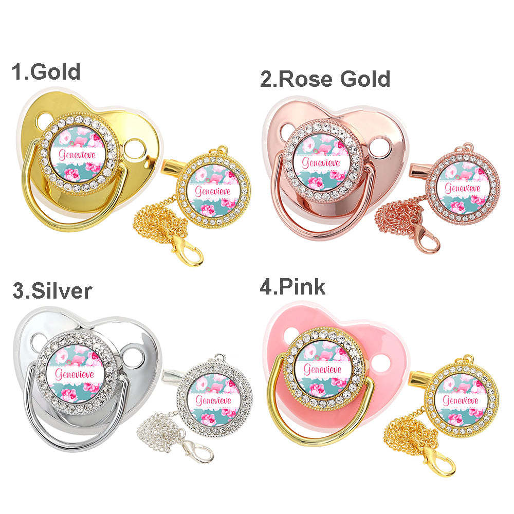 Custom Name Bling Pacifier and Pacifier Clip Set Personalized Flower Glitter Crystal Bling Pacifier Gift for Baby - Bestchristmasgifts