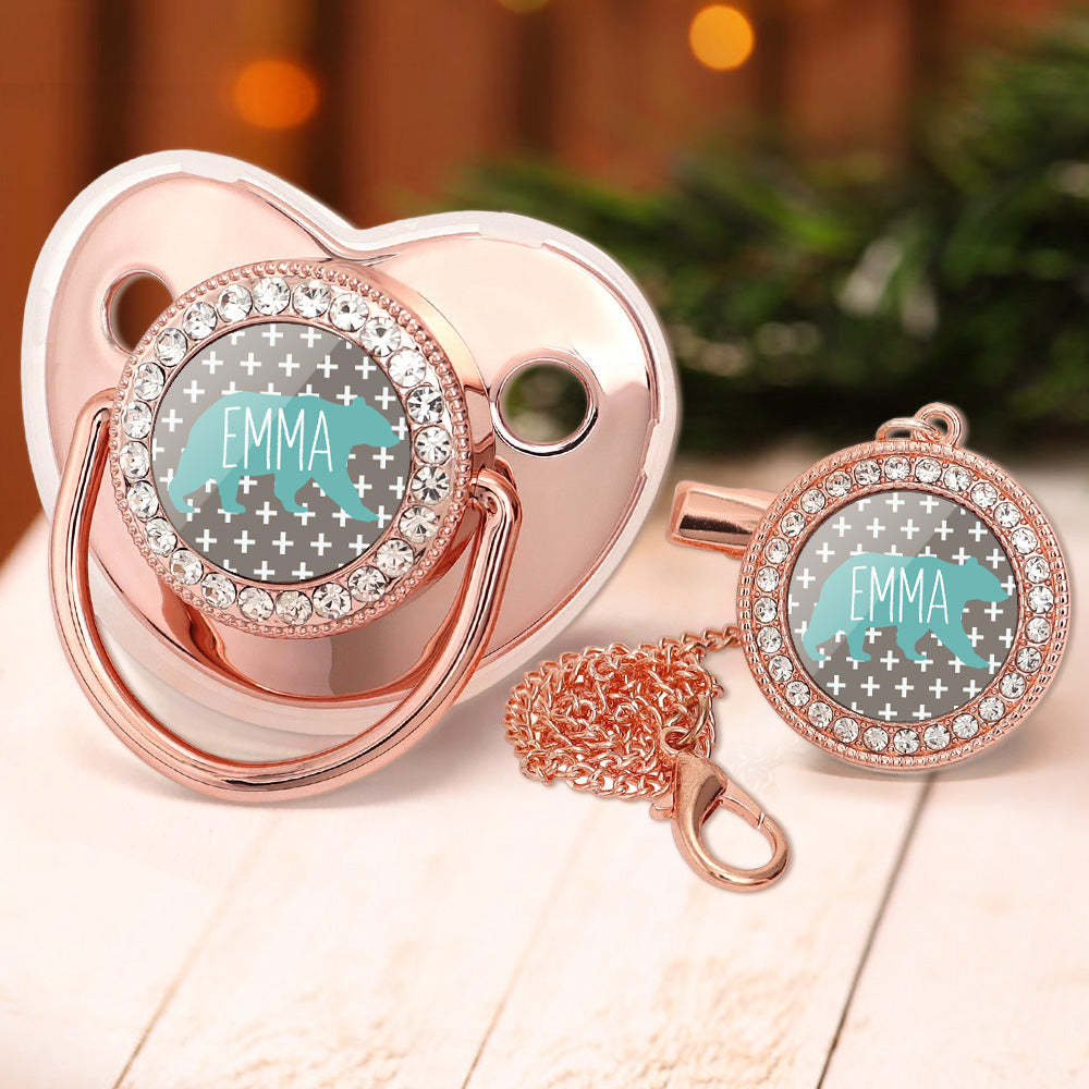 Custom Name Bling Pacifier and Pacifier Clip Set Personalized Bear Glitter Crystal Bling Pacifier Gift for Baby - Bestchristmasgifts