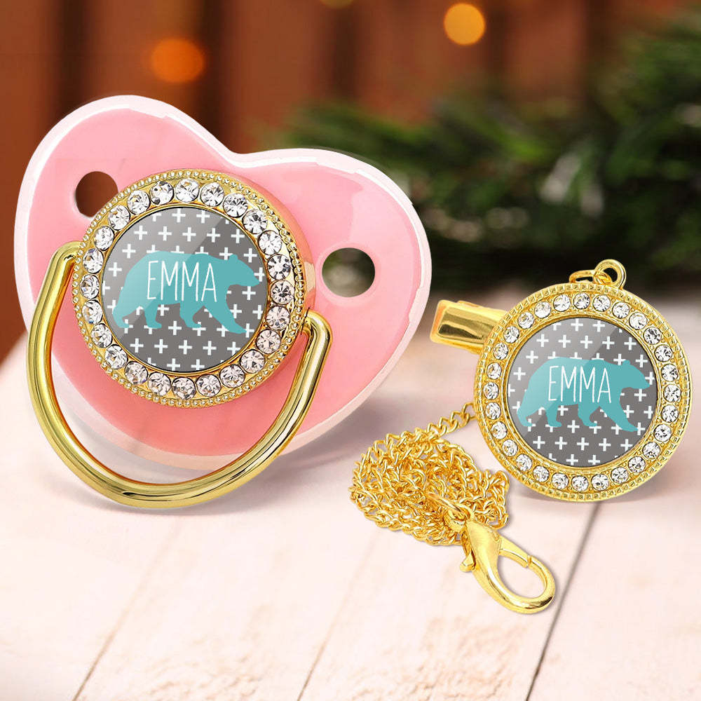 Custom Name Bling Pacifier and Pacifier Clip Set Personalized Bear Glitter Crystal Bling Pacifier Gift for Baby - Bestchristmasgifts