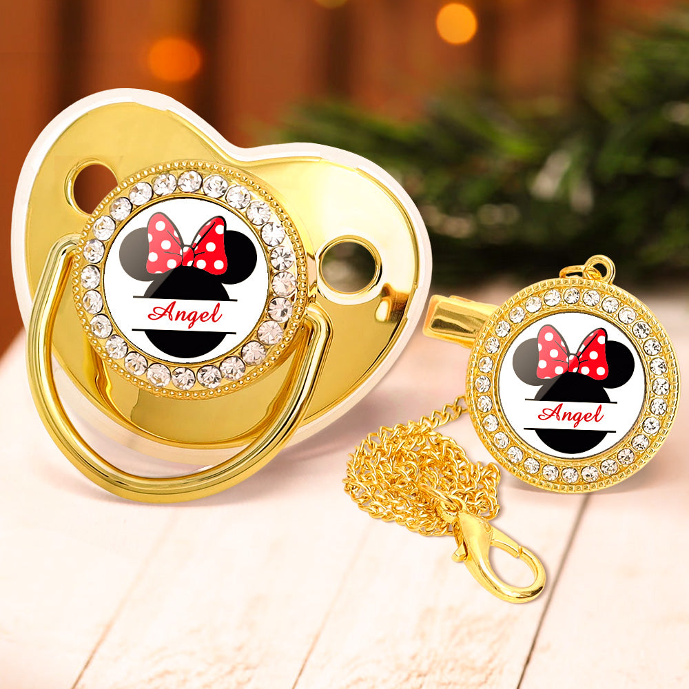 Custom Name Bling Pacifier and Pacifier Clip Set Personalized Minnie Glitter Crystal Bling Pacifier Gift for Baby